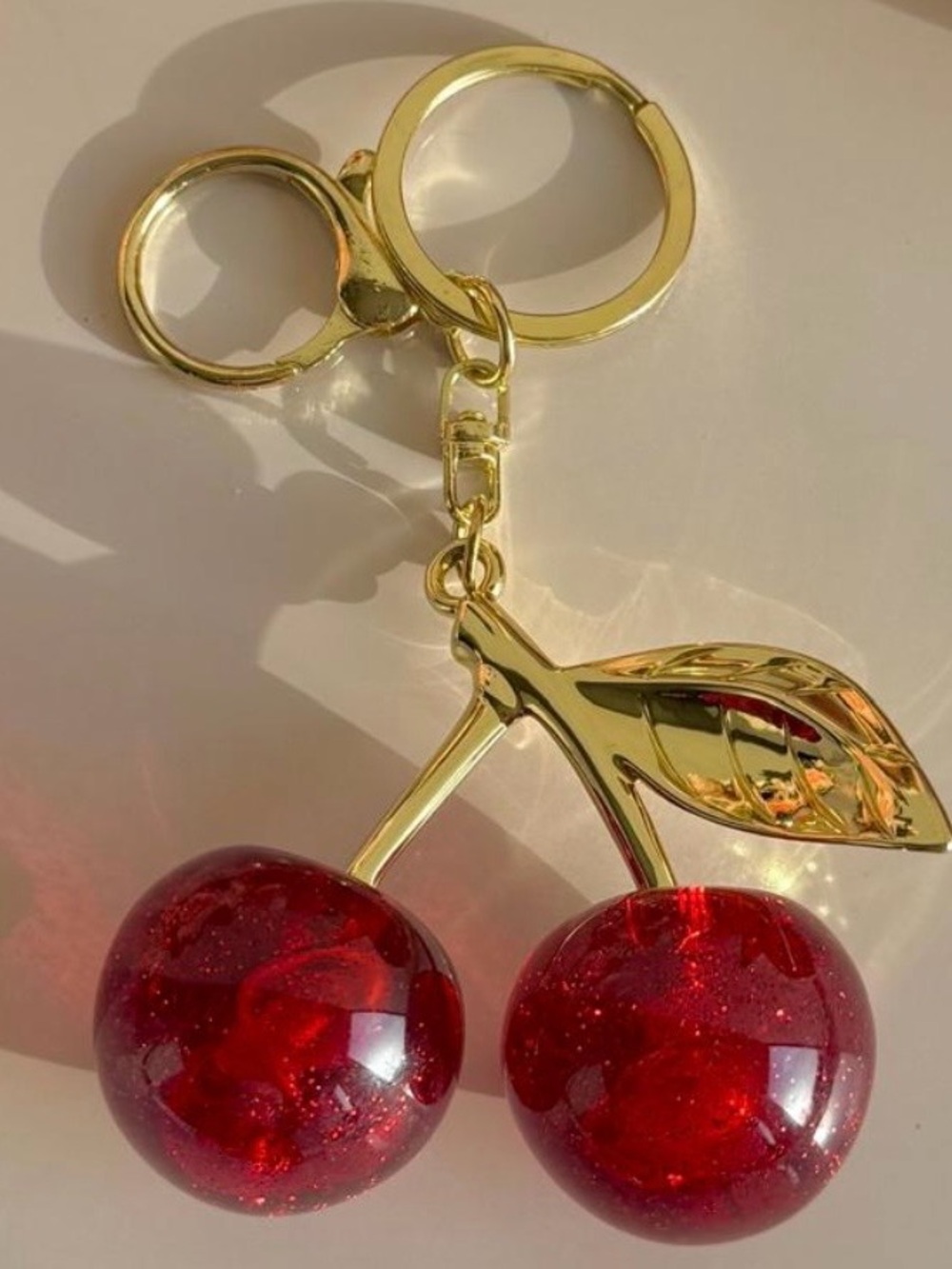 Gold Cherry Keychain with Red Resin Cherries - Women Accessories